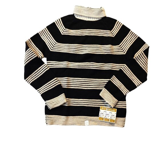 40s-80s Vintage Sweaters - Vintage White Stag 1940s-1950s Black White Stripe Wool Ribbed Turtleneck Sweater